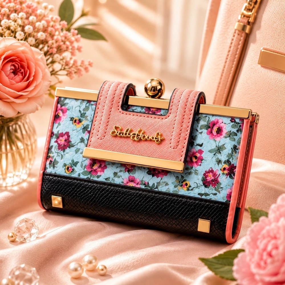 Floral Frame Wallet Pink Blue Rose‎ Print Kiss Lock Coin Purse Cottagecore *Flaw